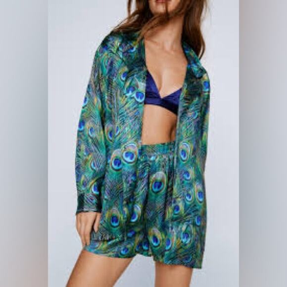 Nasty Gal Other - Nasty Gal Peacock Feather Print Button Down Shirt & Shorts Set Size 8